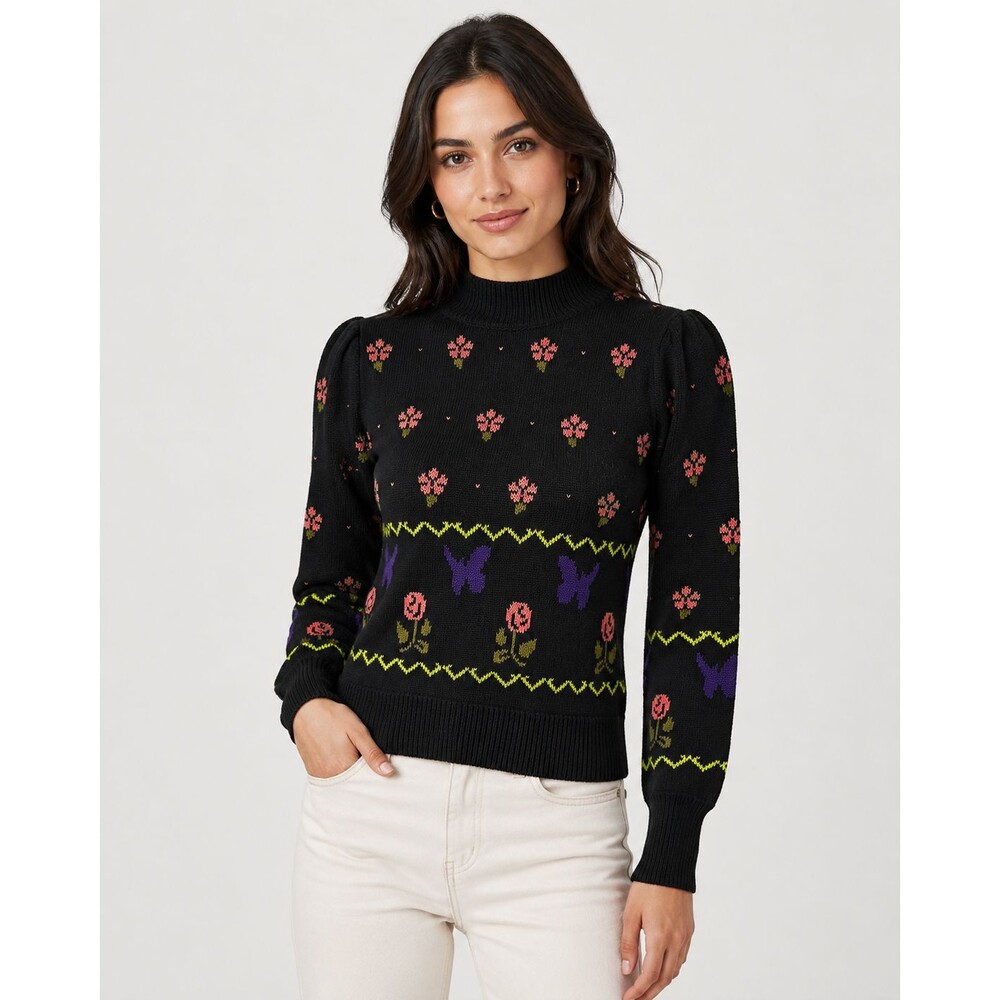 525 America XS Black Floral Butterfly Mock Neck Cotton Sweater NWT